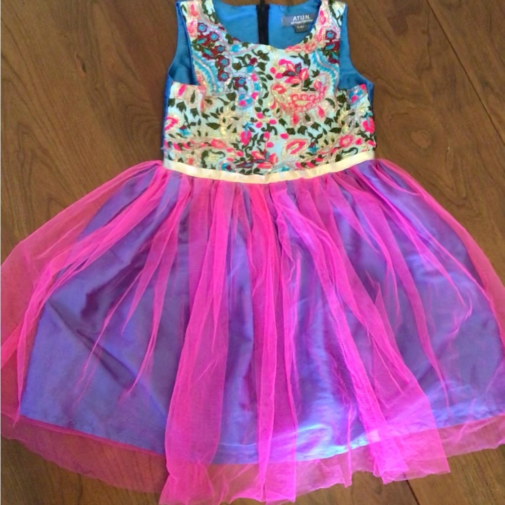 A.T.U.N. Embroidered Tulle Overlay Special Occasion Kids Belted Flower Dress